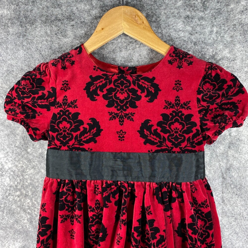 Hartstrings Dress Girls 6 Red Black Velvet Palampore Floral Ribbon Cotton Party